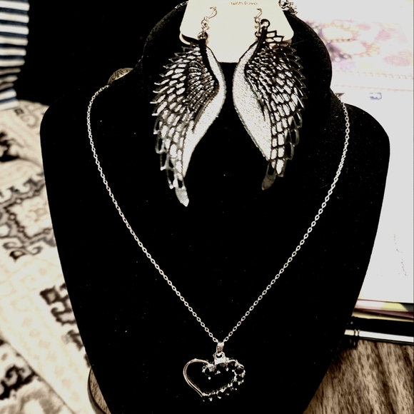 Guardian Angel earrings & Black Crystals on Silver-toned Heart Pendant Necklace - Picture 1 of 3